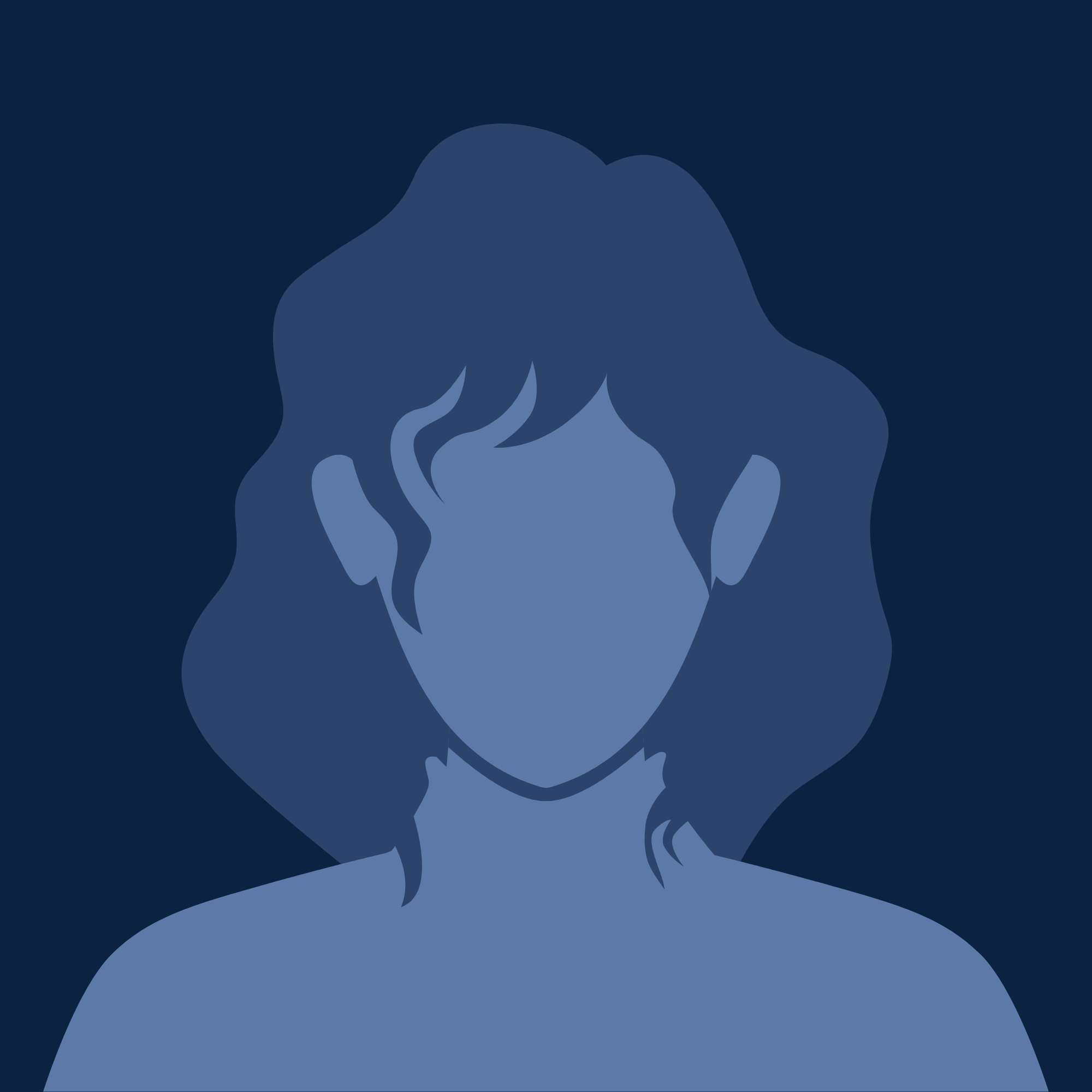 Illustration eines stilisierten Personenporträts in verschiedenen Blautönen. Die Grafik zeigt den Oberkörper und Kopf einer Person mit mittellangen, welligen Haaren vor dunkelblauem Hintergrund. Das Gesicht ist bewusst ohne individuelle Merkmale dargestellt und dient als neutrales Platzhalterbild für ein Profilfoto.