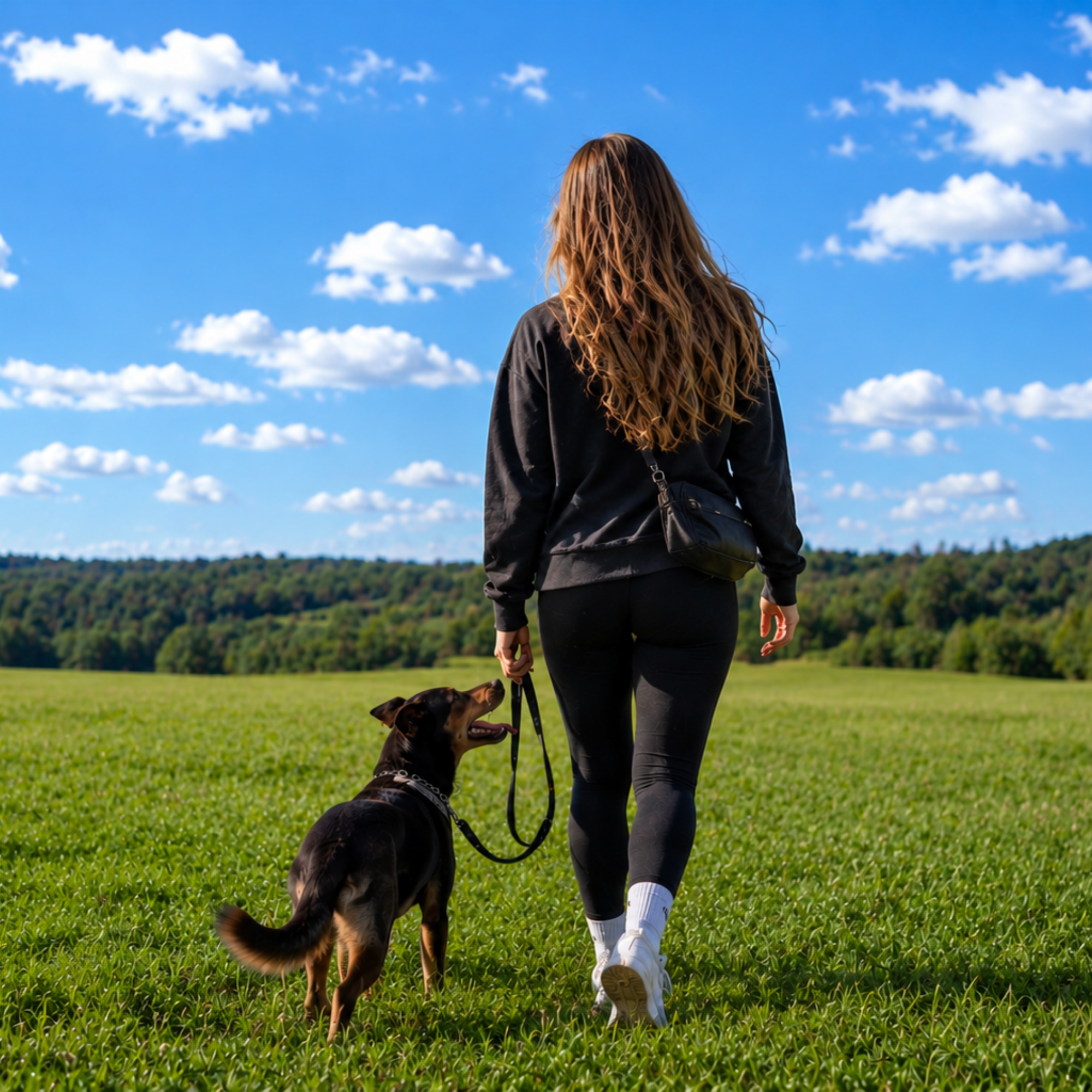 Junge Frau mit dunkelblonden, schulterblattlangen Haaren geht mit einem Hund an der Leine durch eine grüne Wiese. Die Aufnahme zeigt sie von hinten bei warmem Abendlicht unter einem klaren blauen Himmel mit vereinzelten Wolken. Die entspannte Szene vermittelt einen ruhigen Spaziergang in der Natur.