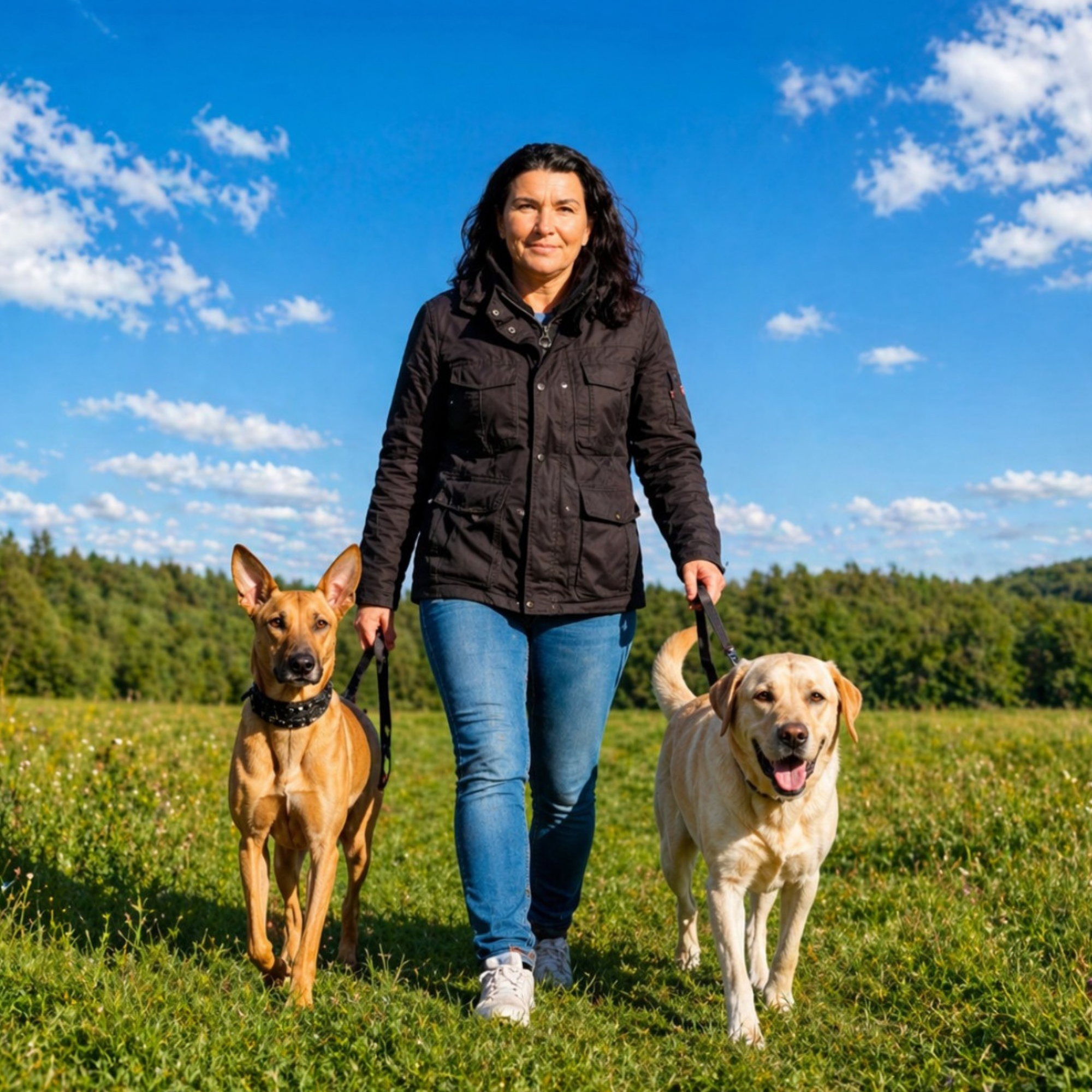 Susanne Klöcker von Hundeschule Bleib Hund geht auf einer grünen Wiese direkt auf die Kamera zu und führt zwei Hunde an der Leine. Links läuft ein schlanker, hellbrauner Hund mit aufgestellten Ohren, rechts ein heller Labrador. Im Hintergrund sind Bäume zu sehen, darüber ein strahlend blauer Himmel mit vereinzelten weißen Wolken.